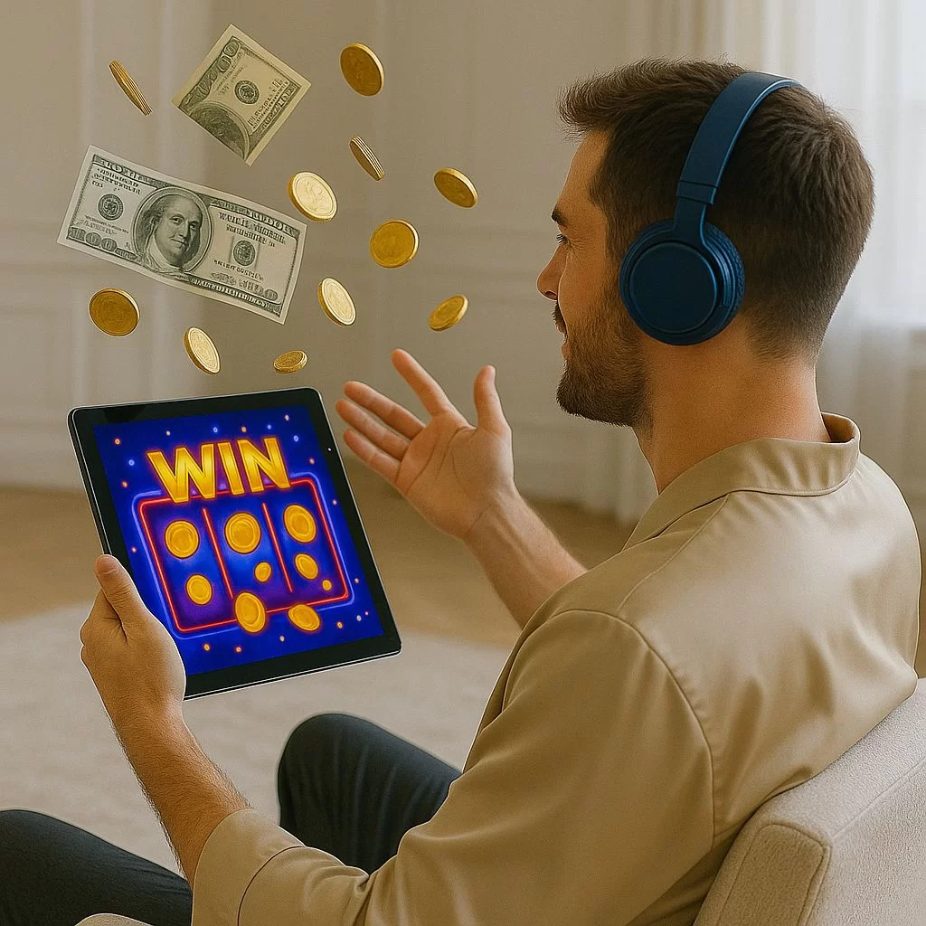 بكرات لامعة تدور على الشاشة مع رموز جوائز كبرى متوهجة، ترمز إلى لعب ألعاب السلوتس بأموال حقيقية