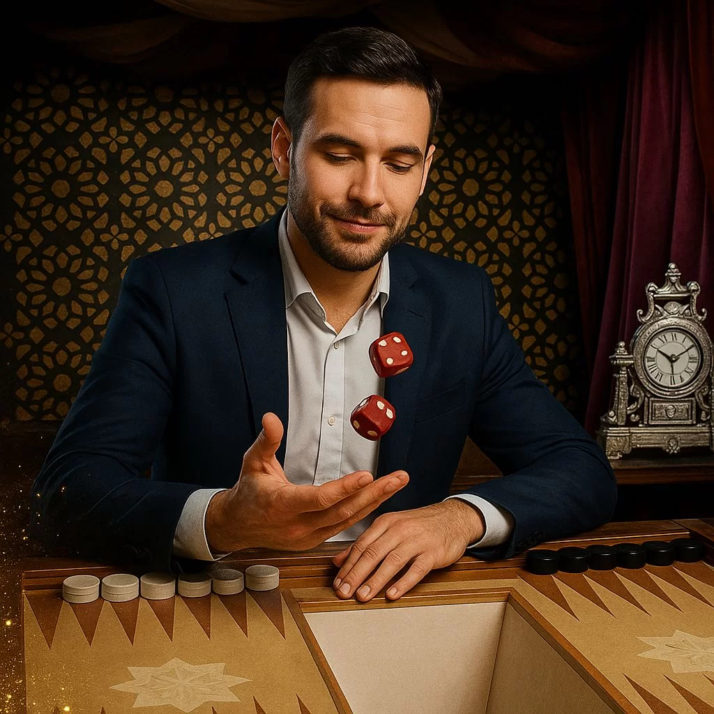 طاولة الزهر المباشرة مع نرد حقيقي، وموزع، ولوحة خشبية في أجواء استوديو