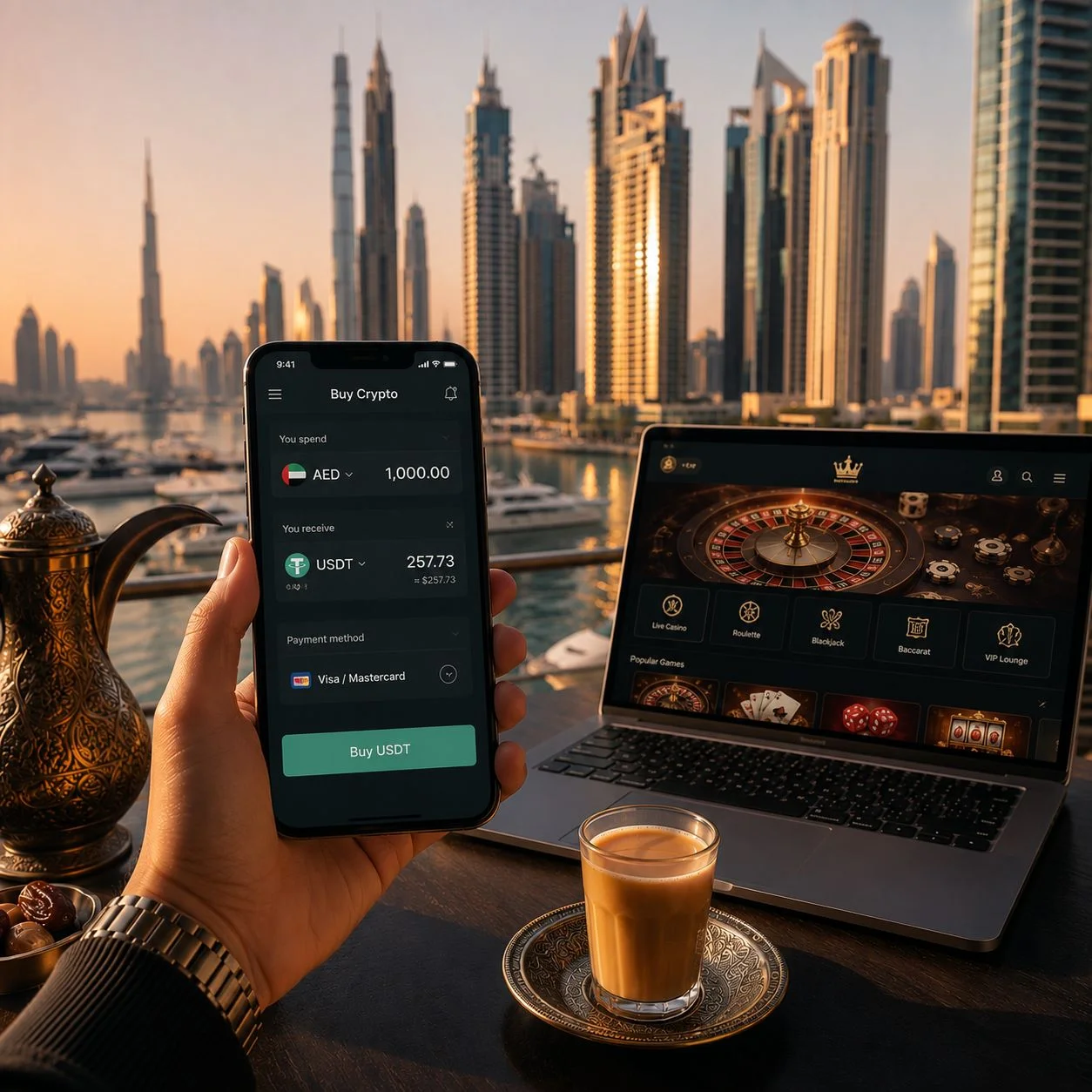هاتف ذكي يعرض محفظة USDT مفتوحة أمام أفق مرسى دبي 